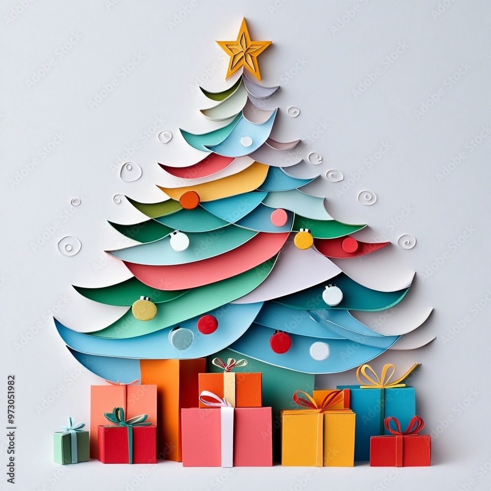 Wall mural Colorful paper-cut Christmas tree with layered branches adorned with ornaments and star topper, surrounded by vibrant gift boxes in festive design.