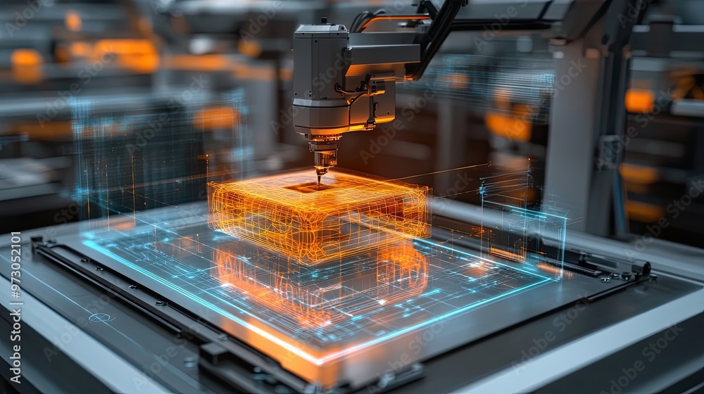 Poster robotic arm creating a 3d model using holographic technology