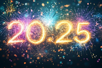The year 2025 is formed by bright sparklers and fireworks on a dark background.
