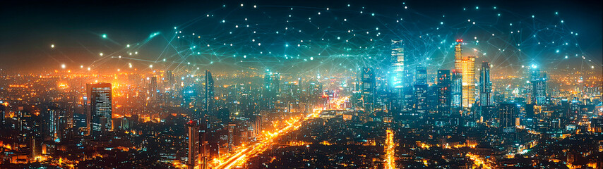 Obraz premium Illuminated Global Cityscape with Digital Network Pattern, Seamless Communication Theme