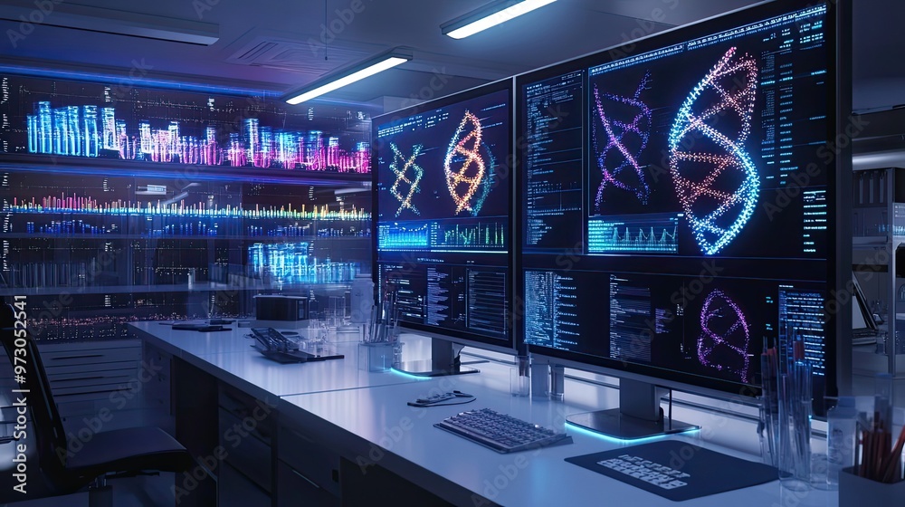 Poster a modern laboratory with multiple monitors displaying genetic data