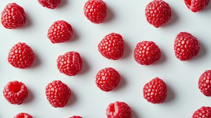 A close-up of fresh raspberries arranged in a geometric pattern on a white surface. -