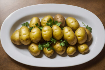 Brown potatoes on a plate with tons of herbs dropped onto them
