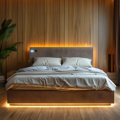 Smart Bedroom with Sleep Tracking Dashboard and Warm Lighting