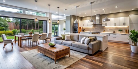 Fototapeta premium Modern kitchen and living room interior with open floor plan and stylish decor