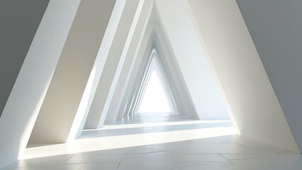 Fototapeta premium Modern, minimalist corridor with triangular white walls leading to a bright light, creating a sense of depth and perspective. Perfect for architectural and design projects.