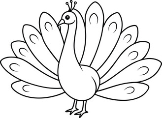 Majestic Peacock Full Feather Spread Vector Art for Children Coloring Book
