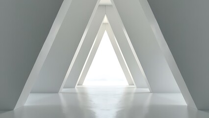 Fototapeta premium Modern, minimalist corridor with triangular white walls leading to a bright light, creating a sense of depth and perspective. Perfect for architectural and design projects.