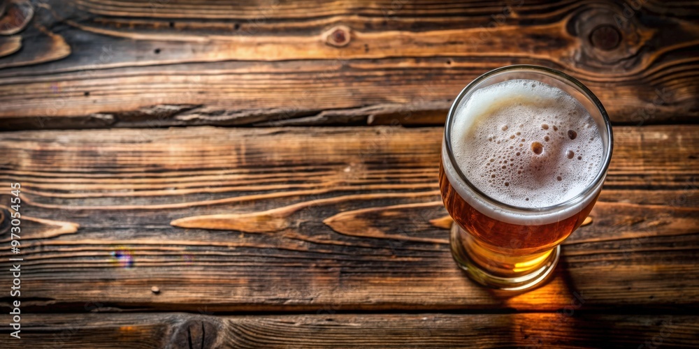 Aufkleber top view of a full glass of beer on a rustic wooden background