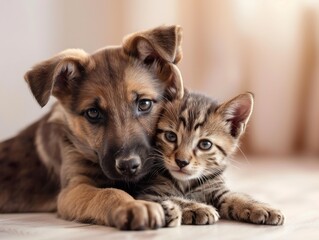 A cute brown and black puppy with a brown and white kitten hugging each other.