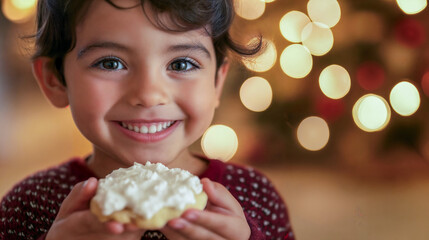 Naklejka premium Happy child with chrismas holiday homemade cookie. Adorable curly hair smiling boy girl. Baking.