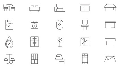 Furniture line icon set. Cabinet, closet, sofa, wardrobe, lamp, chair, home plant, garden furniture,  Floor Light, Spotlight, Desk Lamp, Lantern, Chandelier line icon set. UI thin line icon pack.
