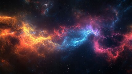 A cosmic abstract background with swirling clouds of gas and dust in deep space, glowing with vibrant colors.