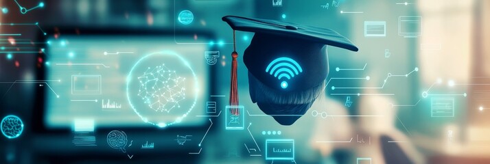 digital education concept with icons of computer, graduation cap and school board on blurred background. Digital learning online system for distance education or futuristic new AI technology