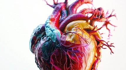 Naklejka premium An intricately detailed 3D model of a human heart, showing veins and arteries in vibrant colors for educational purposes