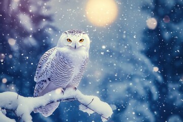 Obraz premium Majestic Snowy Owl in Winter Wonderland with Snowfall and Bokeh Lights at Dusk