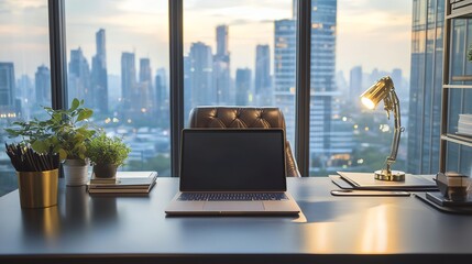 Naklejka na ściany i meble A modern office with a view of a city skyline at dusk.