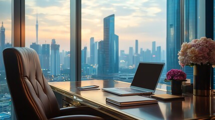 Plakat A modern office with a view of a city skyline at dusk.