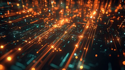 Fototapeta premium A digital abstract background with a circuit board pattern, featuring glowing lines and nodes.