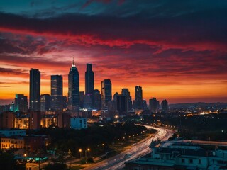City skyline at sunset with vibrant colors and streetlights