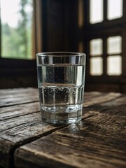Clear glass of water on a rustic wooden table.
