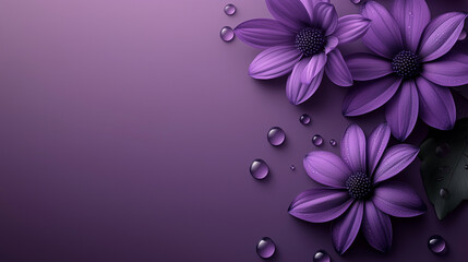 Beautiful elegant purple color flowers and waterdrops on purple color background, dark theme, wallpaper design, minimalist design
