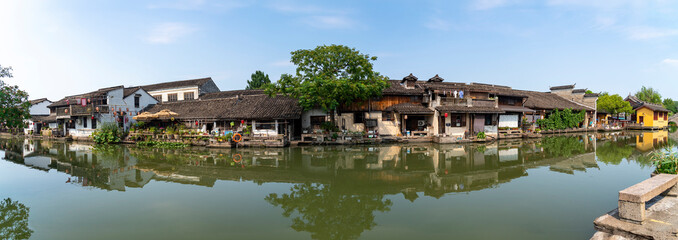 Fototapeta premium A small boat on a water town in Shaoxing, Zhejiang, China