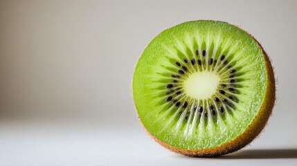 A fresh kiwi sliced in half, showing the bright green flesh and black seeds, placed on a white background.
