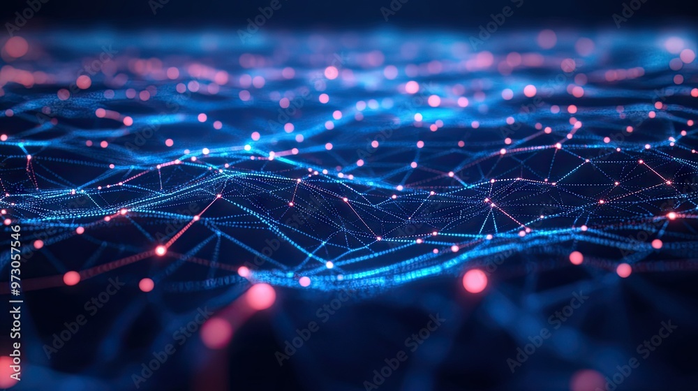 Poster a futuristic abstract background with interconnected glowing lines and nodes in a digital network pa