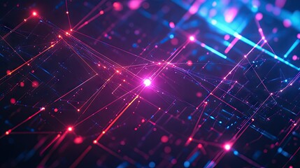 A futuristic abstract background with interconnected glowing lines and nodes in a digital network pattern.