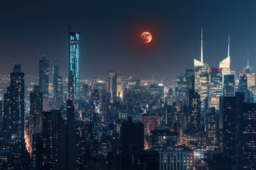 Fototapeta premium Dramatic Urban Nightscape with Moon Over City Skyline