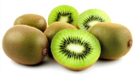Fototapeta premium A group of fresh kiwis, some whole and some sliced in half, showing the bright green interior and black seeds.