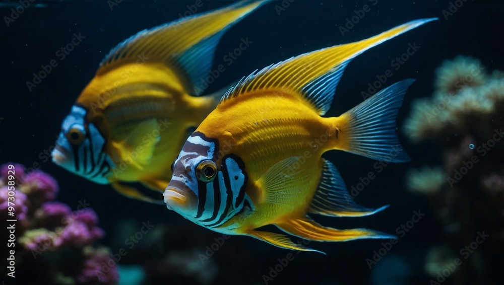 Wall mural Close-up of exotic fish in an aquarium, against a dark water backdrop.