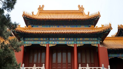 A traditional Chinese building with red columns and intricate details.