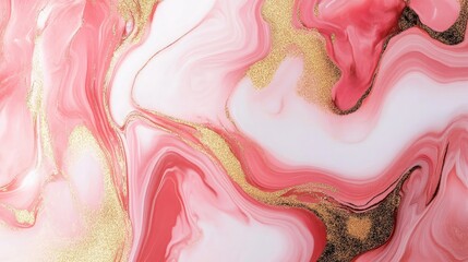 Fototapeta premium A liquid marble effect in shades of pink, gold, and white, creating a smooth, flowing abstract background.