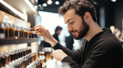 Young man exploring scent options in a modern fragrance store during the day