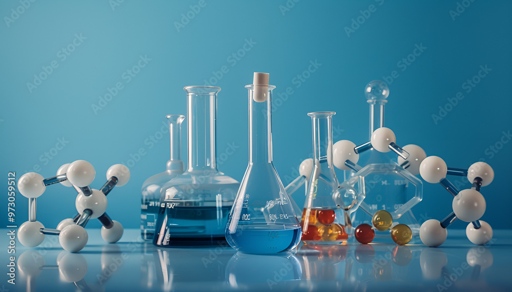 Wall mural Laboratory glassware and molecule model on blue background