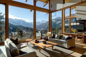 A sleek living room features large windows showcasing breathtaking mountain views, with comfortable furnishings and warm sunlight streaming in.