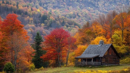autumn foliage with cozy cabin in the mountains surrounded