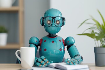 A blue humanoid robot with glasses sitting at a desk with a notebook and coffee, representing AI learning and modern office work in a cute, futuristic style.