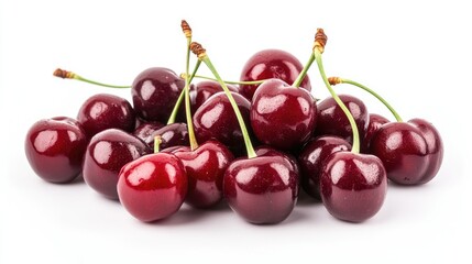 A pile of fresh cherries with their stems still attached, arranged on a white background.