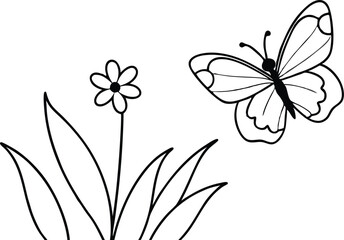 Vector Illustration of Butterfly Flying Over Flowers for Kids to Color
