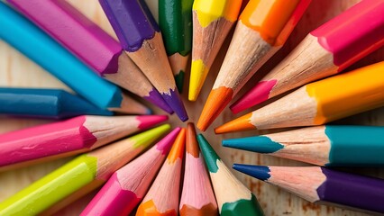 Naklejka premium Variety of colored pencils arranged in a row, highlighting their bright tips. Perfect for educational materials, art projects, or design applications.