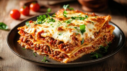 A plate of homemade lasagna with layers of pasta, cheese, and a rich meat sauce, topped with fresh herbs.