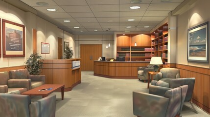 Modern Office Lobby with Reception Desk and Comfortable Seating