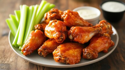 A plate of tender chicken wings glazed with a spicy buffalo sauce, served with celery sticks and ranch dressing.