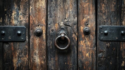 Fototapeta premium A beautifully aged wooden door with original iron hardware, exuding a sense of history and elegance through its weathered surface and detailed craftsmanship