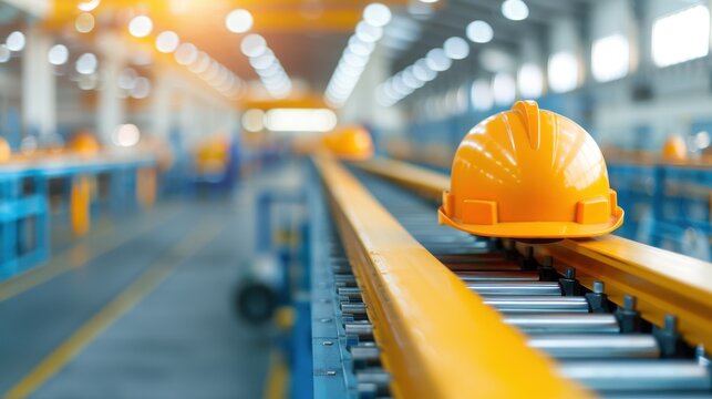 Safety helmet placed on a conveyor belt in a large industrial factory, symbolizing workplace safety and manufacturing.