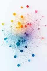 Abstract creative flow of ideas represented as colorful lines connecting multiple brains, idea network, collaborative business concepts