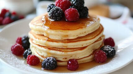 A stack of fluffy pancakes topped with maple syrup and fresh berries, served on a white plate.
